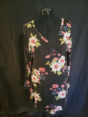 Popana Black Long Sleeve V-Neck Dress with Pink & White Floral Print